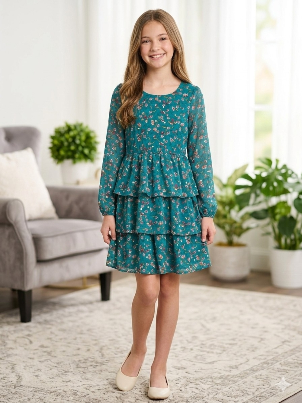 Trixxi Girl Teal Floral Tiered Chiffon Dress Size 12 Long Sleeve Ruffle